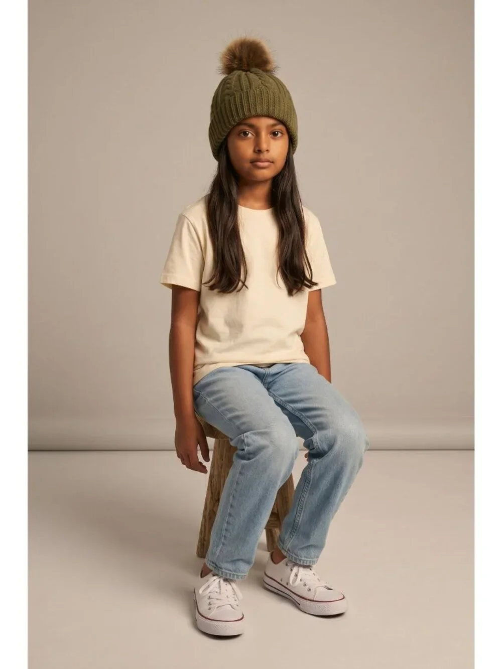 NWT DSG Girls Olive Green Cable Knit Pom Beanie Cozy Winter Hat One Size Youths